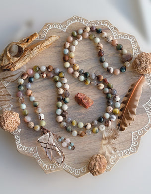 Tranquil Riverbed - 8mm: Amazonite, Jasper, Botswana Agate, Peach Moonstone, Tigers Eye - 108 Mala Necklace - Wire Wrapped Clear Quartz Pendant