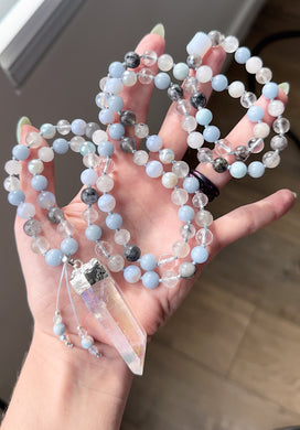 Moonlit Fairy - Angelite, Blue Lace Agate, Tourmalinated Quartz, Cloudy Quartz, Blue Chalcedony - 108 Mala Necklace - Aura Quartz Pendant