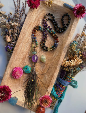 I am Sacred - Chunky Aquamarine + Amethyst + Feather Tassel - 108 Faceted Gemstone Mala Necklace