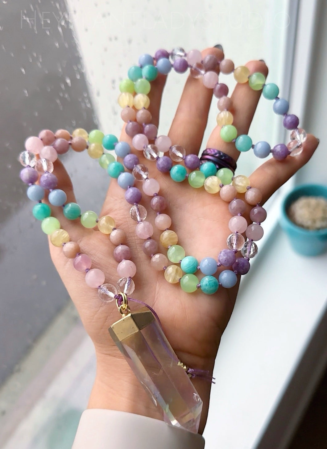 Joyful Living - 24k Gold Overlay Aura Quartz Point - Rainbow Gemstone 108 Mala Bead Necklace
