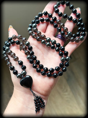 Shielded Heart - Onyx + Smoky Obsidian + Hematite - 108 Mala Necklace - Obsidian Heart Focal