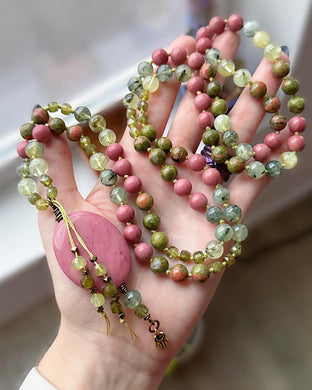 Flowing Heart Center - 108 Gemstone Meditation Beads - Rhodonite Focal