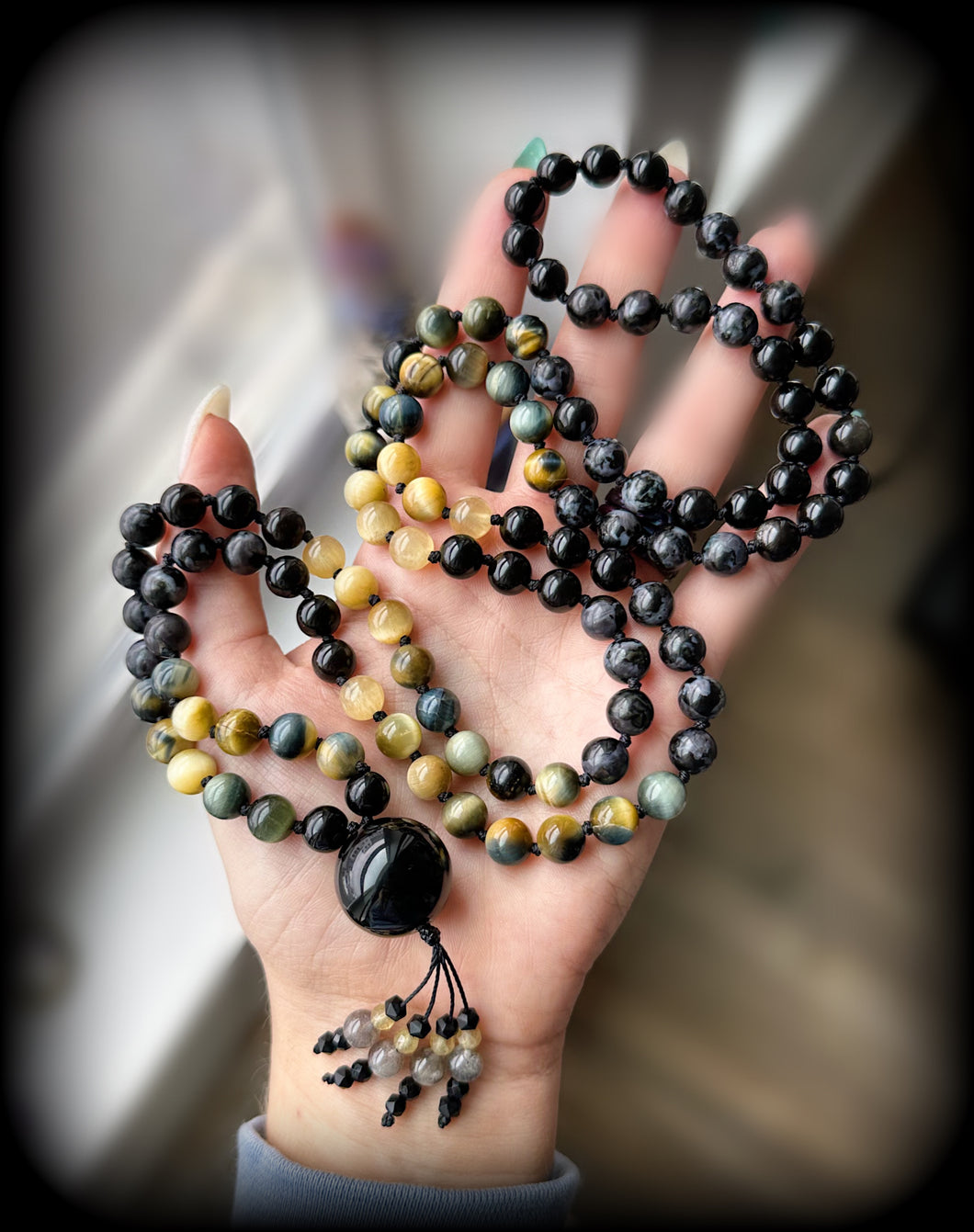 Reserved - Light in the Darkness - Onyx, Tigers Eye, Honey Calcite, Mystic Merlinite - 108 Mala Necklace - Onyx Focal