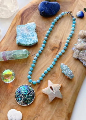 Shoreline Breeze - 17” Choker - 8mm Aqua Fire Agate - Abalone Shell Pendant (Silver Plated Wire)