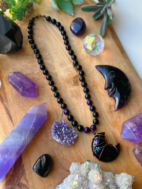 Bad Moon Rising  - 17” Choker -  8mm Onyx + Hematite - Onyx Moon Pendant