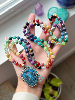 Rainbow Gemstone 108 Meditation Beads - Tibetan Style Labradorite Ganesha Carving
