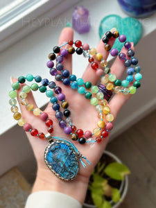 Rainbow Gemstone 108 Meditation Beads - Tibetan Style Labradorite Ganesha Carving