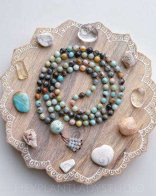 Peace and Calming - 108 Gemstone Meditation Beads - Green Moonstone Focal