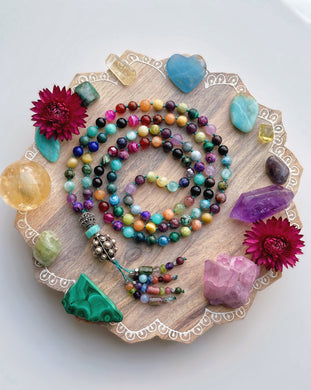 Present Mind - Rainbow Gemstone 108 Meditation Beads - Thai Silver Guru