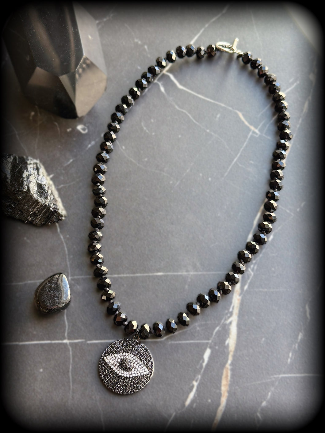 Noir Nazar 🧿 - 18” Necklace - 8mm Faceted Onyx Gemstone Rondelle + Evil Eye Pendant
