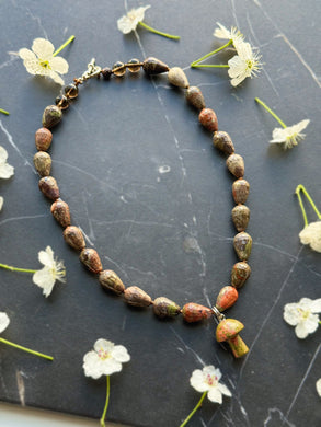 Mushroom Hollow - 17” Choker Mushroom Jasper Facet Drops + Unakite Mushroom Pendant