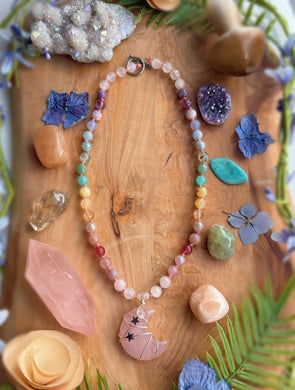 Dreamlight - 18” Necklace- 8mm Pastel Gem Rainbow - Rose Quartz Moon Pendant
