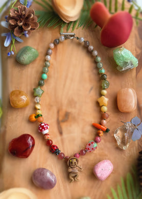 Wylde Luck Bringer - 16” Choker - 8mm Gemstone Rainbow + Lampwork Glass - Lucky Peruvian Troll Quartz Pendant