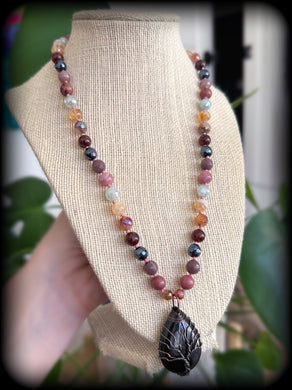 The Magical Path - 20” Necklace - 8mm Mystic Aquamarine + Pink Opal + Citrine + Mystic Pink Healer + Hessonite Garnet + Mystic Onyx + Purple Aventurine - Tree of Life Pendant