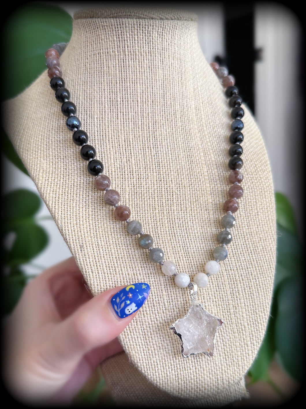 Among the Stars - 18 ” Choker - Moonstone + Sunstone + Silver Obsidian + Labradorite - Quartz Star Pendant