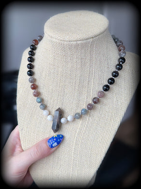 RESERVED - SHIPPING & It’s Only a Phase - 15” Choker - Moonstone + Sunstone + Silver Obsidian + Labradorite - Black Moonstone Pendant