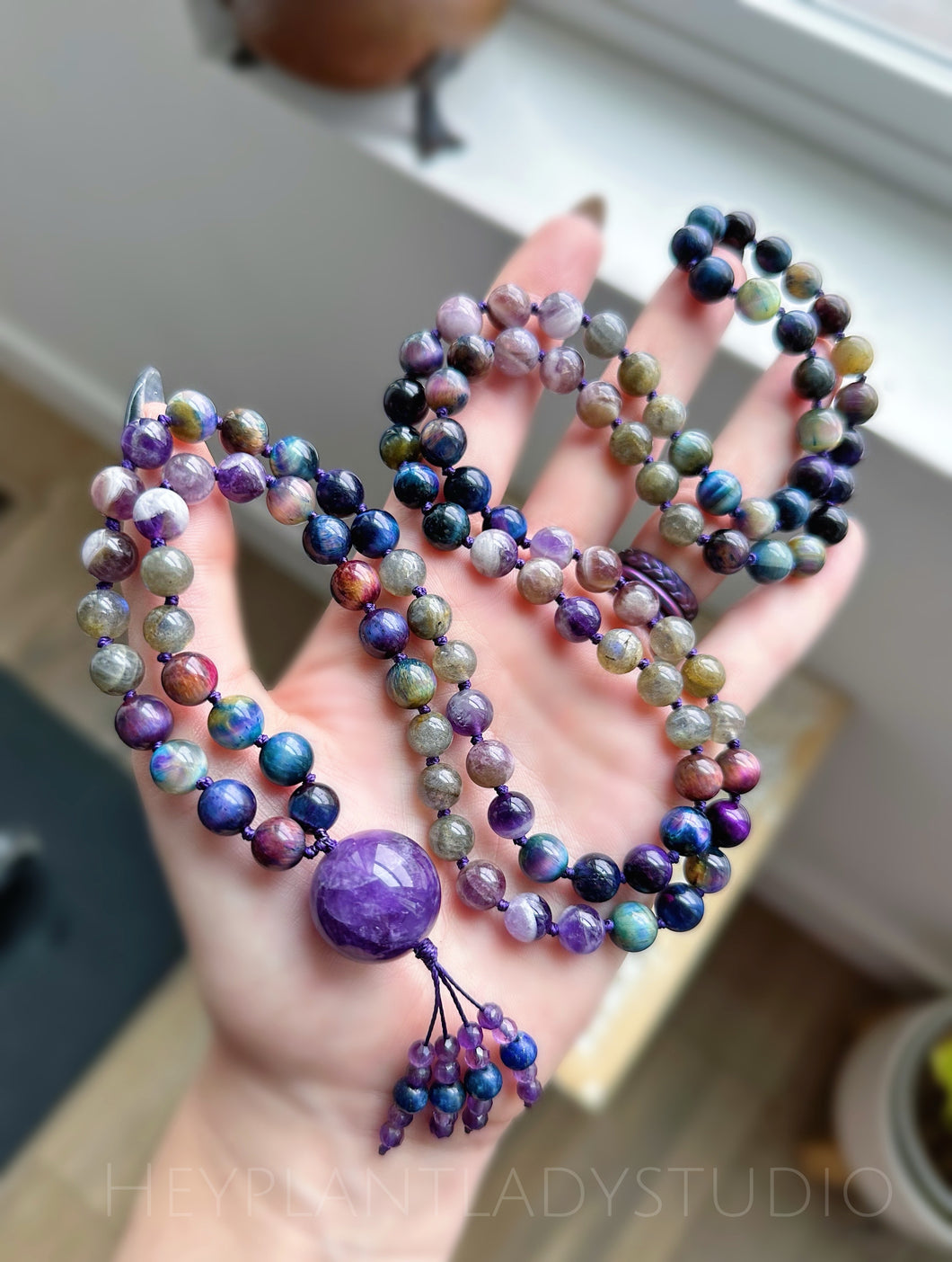 Connected with the Universe - 108 Gemstone Meditation Beads - Amethyst Focal