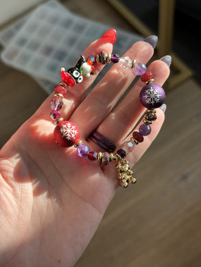 Reserved - Merry Little Christmas Bracelet - Frosted Snowflake Ornament + Holiday Bear Charm + Preciosa Crystal + Amethyst + Czech Glass