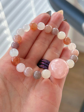 Reserved - Rose Quartz Focal - White and Peach Moonstone Rainbow Sunstone Light and Deep Rose Quartz