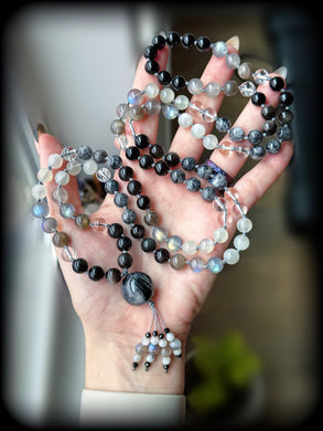 Moon Dancer - Rutilated Quartz Focal -  AAA Labradorite, White Moonstone, Clear Quartz, Rutilated Quartz, Gray Sunstone, Silver Sheen Obsidian - 108 Mala Necklace
