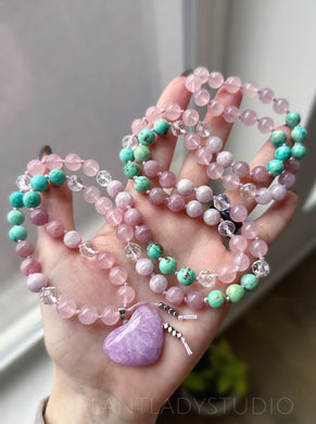 Love + Compassion - 108 Gemstone Meditation Beads - AAA Kunzite Heart Focal