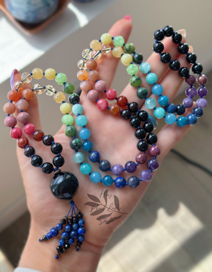 Kaleidoscope - Onyx + Rainbow Gemstone 108 Mala Necklace - Black Spinel + Lapis Lazuli Beaded Tassel (40