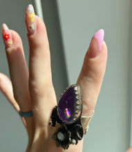 Load image into Gallery viewer, Amethyst Teardrop + Rainbow Moonstone Moonflower Ring - Adjustable Band fits sizes 5-15