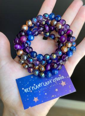 Release the Past - Aura Amethyst, Kyanite, Aura Tigers Eye, AAA Amethyst, Purple Tigers Eye, Stretch Mala Bracelet