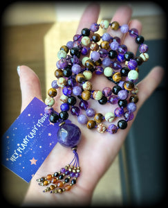 Enchanted Journey - Amethyst Guru - Hessonite Garnet, Black Spinel, Tigers Eye, Amethyst Tassel - 108 Gemstone Mala Necklace