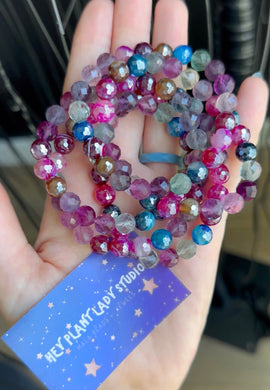 Reveal Your Truth - Diamond Cut Rainbow Fluorite + Aura Agate Stretch Mala Bracelet