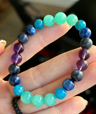 Ocean of Love - Kyanite, Amazonite, Apatite, Blue Rutilated Quartz, AAA Amethyst - Gemstone Stretch Mala Bracelet