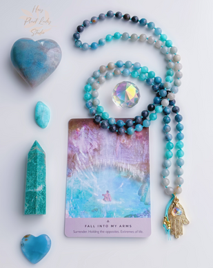 Spiritual Awakening - Trolleite + Amazonite - 108 Mala Bead Necklace - 24k Gold Overlay Hamsa + 24K Gold Aura Quartz
