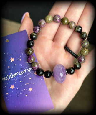 RESERVED - Kundalini Rising - Amethyst + Atlantisite + Gold Sheen Obsidian Stretch Mala Bracelet