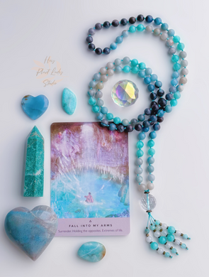 Blissful Energy - Trolleite + Amazonite - 108 Mala Bead Necklace - Clear Quartz + Rainbow moonstone & Amazonite tassel