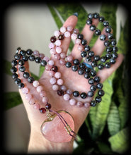 Load image into Gallery viewer, Integrating the Shadow - Mystic Merlinite, Kunzite, Brazilian Garnet and Madagascar Rose Quartz 108 Mala Bead Necklace - 24k Gold Rose Quartz Heart