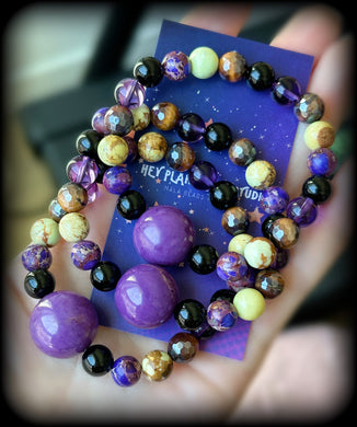 Enchanted Journey - Phosphosiderite Focal - 8mm Amethyst, Onyx, Mystic Tigers Eye, Purple Sea Sediment Jasper, Citron Magnesite - Gemstone Mala Bracelet