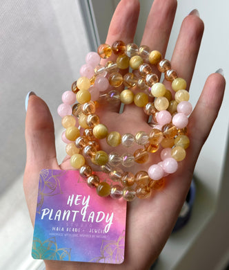 Radiant Manipura -  8mm Yellow Aura Quartz, Honey Citrine, Honey Calcite, Golden Tigers Eye, Gold Aura Quartz and Rose Quartz - Gemstone Stretch Mala Bracelet