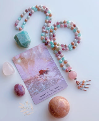 Soothing the Soul - 108 Mala Necklace Kunzite, Moonstone, Aquamarine, Rose Quartz + Rose Quartz Guru + Aquamarine + Peach Moonstone Tassel