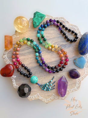 Kaleidoscope - Amazonite + Rainbow Gemstone 108 Mala Necklace - Apatite + Amazonite Beaded Tassel (40