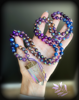 Release the Past - Aura Amethyst, Kyanite, Aura Tigers Eye, AAA Amethyst, Purple Tigers Eye, 108 Mala Bead Necklace - XL Aura Quartz Point