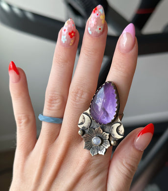 Amethyst Teardrop + Rainbow Moonstone Moonflower Ring - Adjustable Band fits sizes 5-15