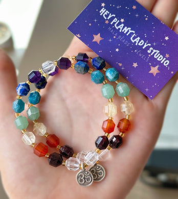 Chakra Bracelet - Prism Cut Gemstone + OM Karen Hill Tribe Silver Charm