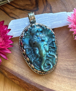 55mm Labradorite Ganesha Elephant Carving - White Brass