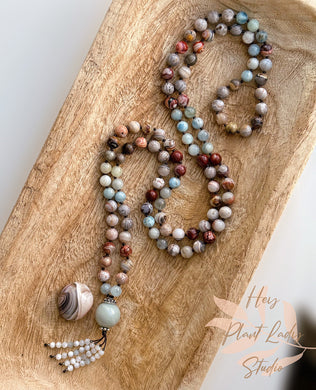 Calm Within - Laguna Lace Agate + Aquamarine + Amazonite Guru + Solid Thai Silver+ Mother of Pearl Tassel - 108 Gemstone Mala Necklace
