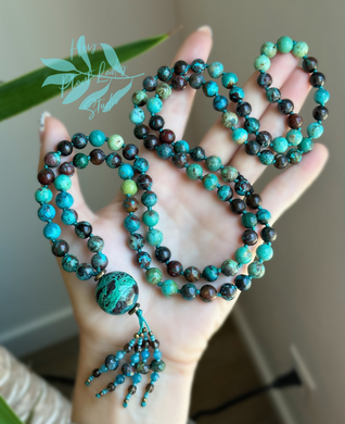 Peaceful Earth Energy - 8mm Chrysocolla + Genuine Turquoise + Azurite - Chrysocolla Guru + Apatite, Smoky Quartz, and Chrysocolla Tassel