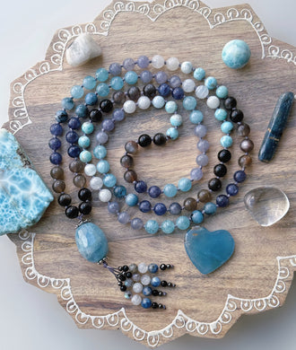 Ocean’s Depths - Aquamarine Guru + AAA Aquamarine, Larimar, AAA Black Moonstone, Rainbow Moonstone, AAA Silver Obsidian, Iolite - 108 Mala Necklace