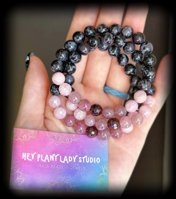 Integrating the Shadow - Mystic Merlinite, Kunzite, Brazilian Garnet and Madagascar Rose Quartz Stretch Mala Bracelet