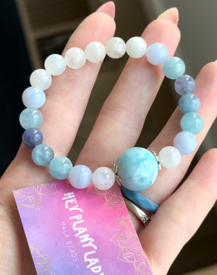 RESERVED- Larimar Bracelet - Aquamarine, Larimar, Rainbow Moonstone, Iolite - Gemstone Stretch Mala Bracelet