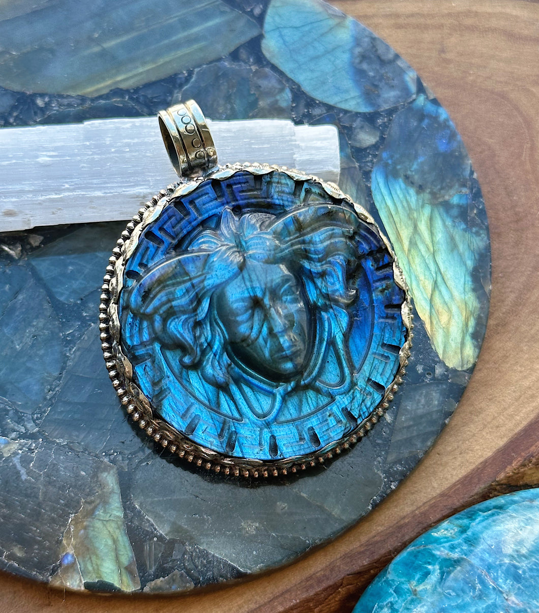 55mm Labradorite Medusa Carving - White Brass