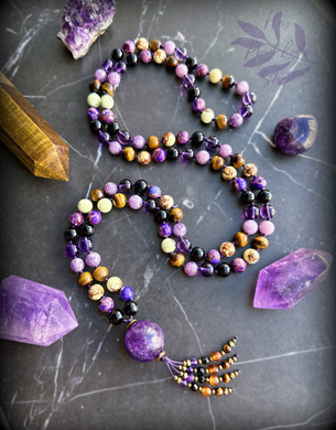Enchanted Journey - Amethyst Guru - Hessonite Garnet, Black Spinel, Tigers Eye, Amethyst Tassel - 108 Gemstone Mala Necklace